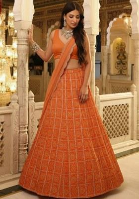 Orange Printed Crepe Lehenga Set