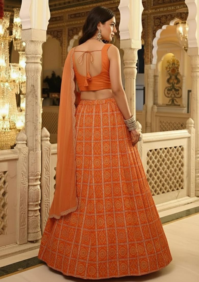 Orange Printed Crepe Lehenga Set - Indya