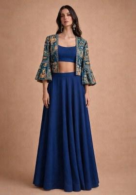 Navy Blue Chinon Lehenga Set With Printed Jacket