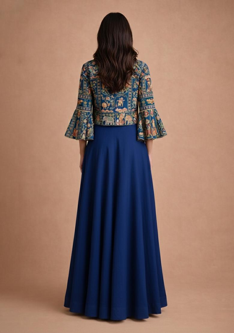 Navy Blue Chinon Lehenga Set With Printed Jacket - Indya