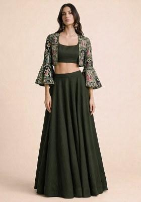 Olive Green Chinon Lehenga Set With Printed Jacket