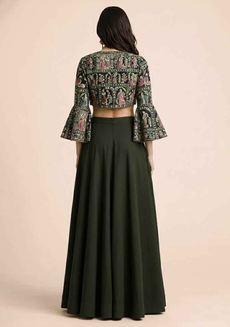 Olive Green Chinon Lehenga Set With Printed Jacket - Indya