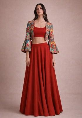 Rust Red Chinon Lehenga Set With Printed Jacket