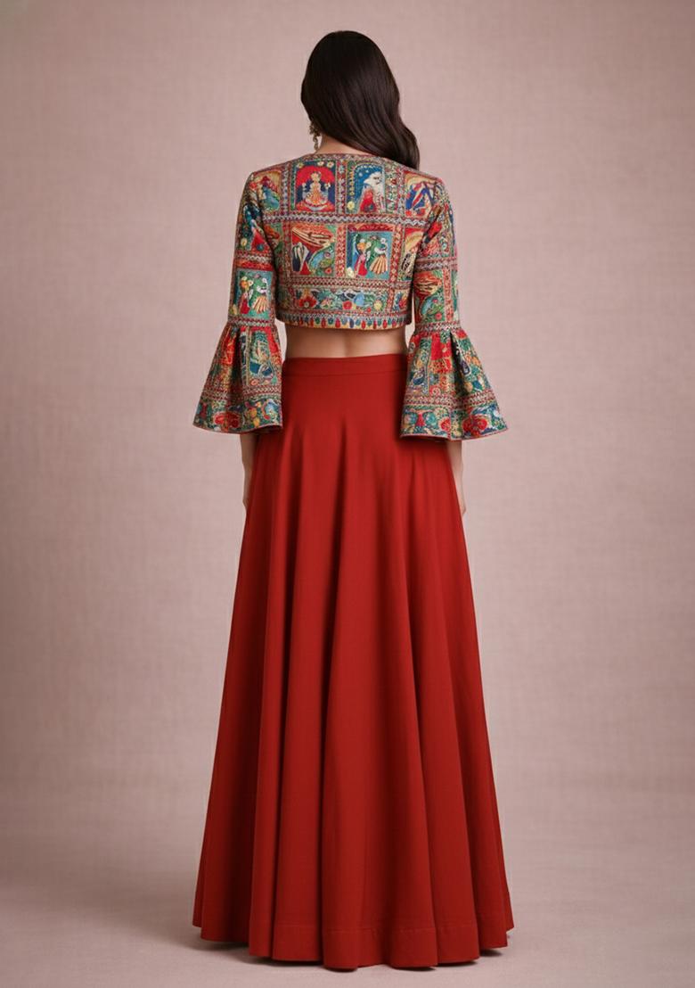 Rust Red Chinon Lehenga Set With Printed Jacket - Indya