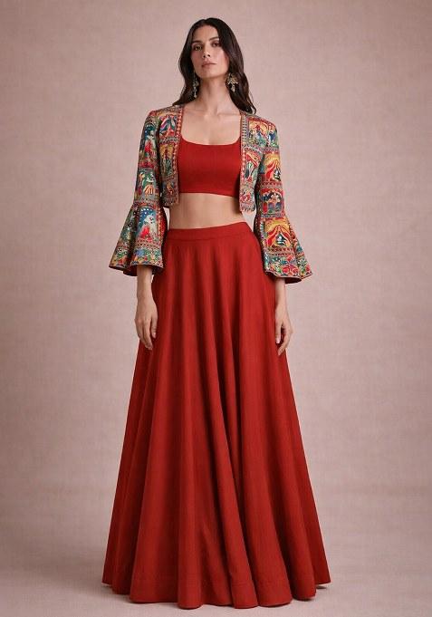 Rust Red Chinon Lehenga Set With Printed Jacket
