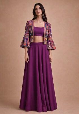 Purple Chinon Lehenga Set With Printed Jacket