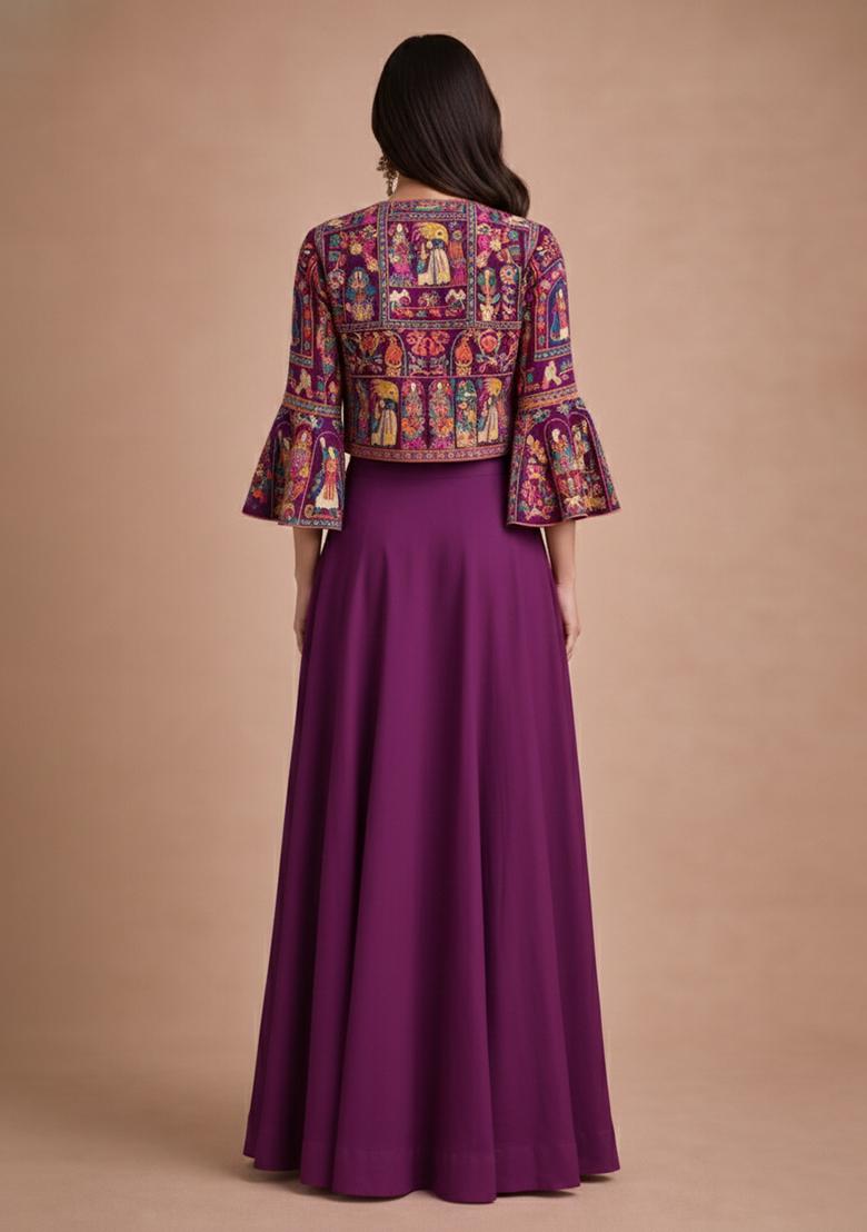 Purple Chinon Lehenga Set With Printed Jacket - Indya