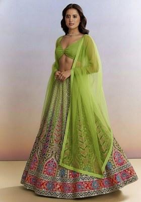 Olive Green Printed Crepe Lehenga Set