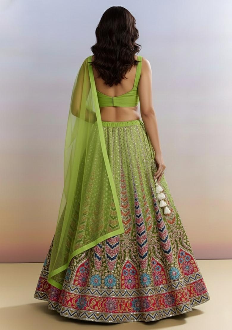 Olive Green Printed Crepe Lehenga Set - Indya