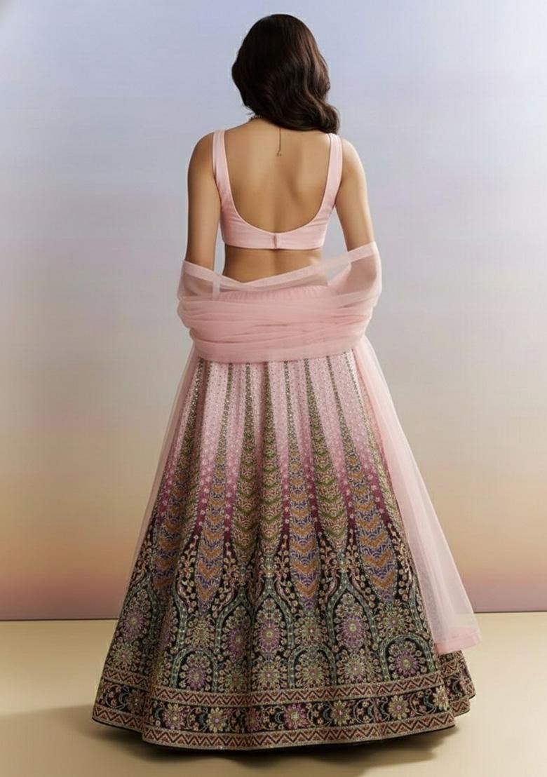 Soft Pink Printed Crepe Lehenga Set - Indya
