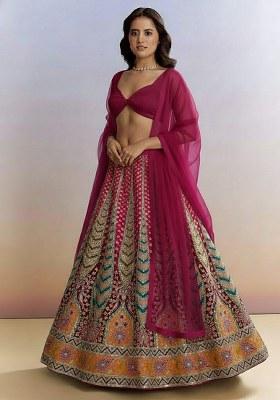 Magenta Printed Crepe Lehenga Set