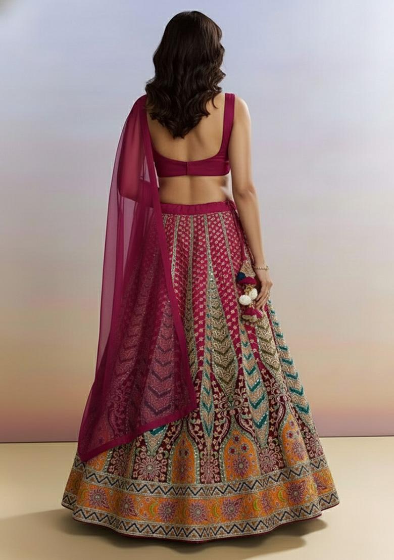 Magenta Printed Crepe Lehenga Set - Indya
