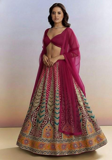 Magenta Printed Crepe Lehenga Set