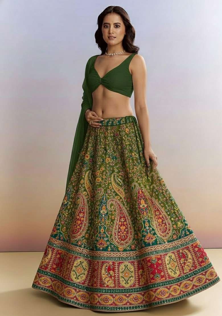 Green Printed Crepe Lehenga Set - Indya