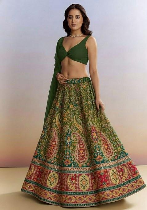 Green Printed Crepe Lehenga Set