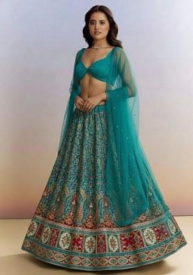 Blue Printed Crepe Lehenga Set