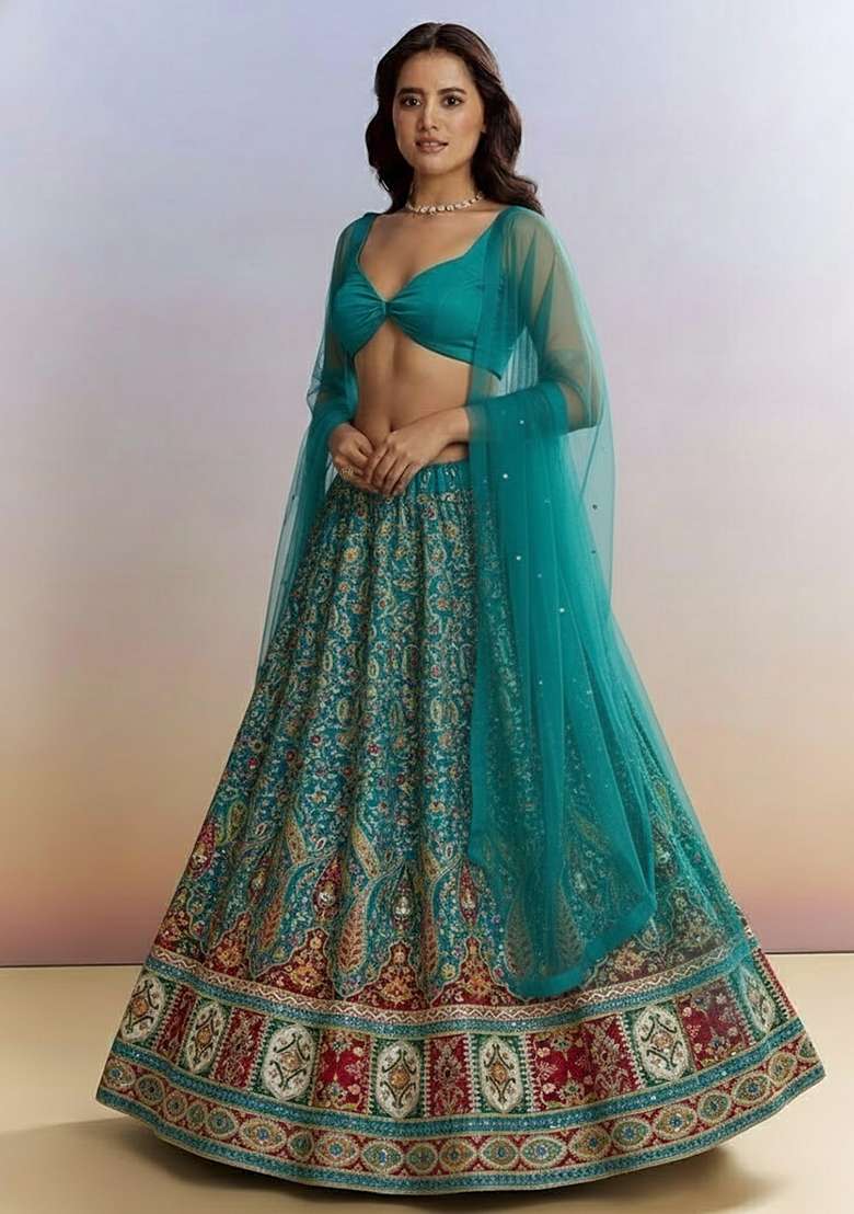 Blue Printed Crepe Lehenga Set - Indya