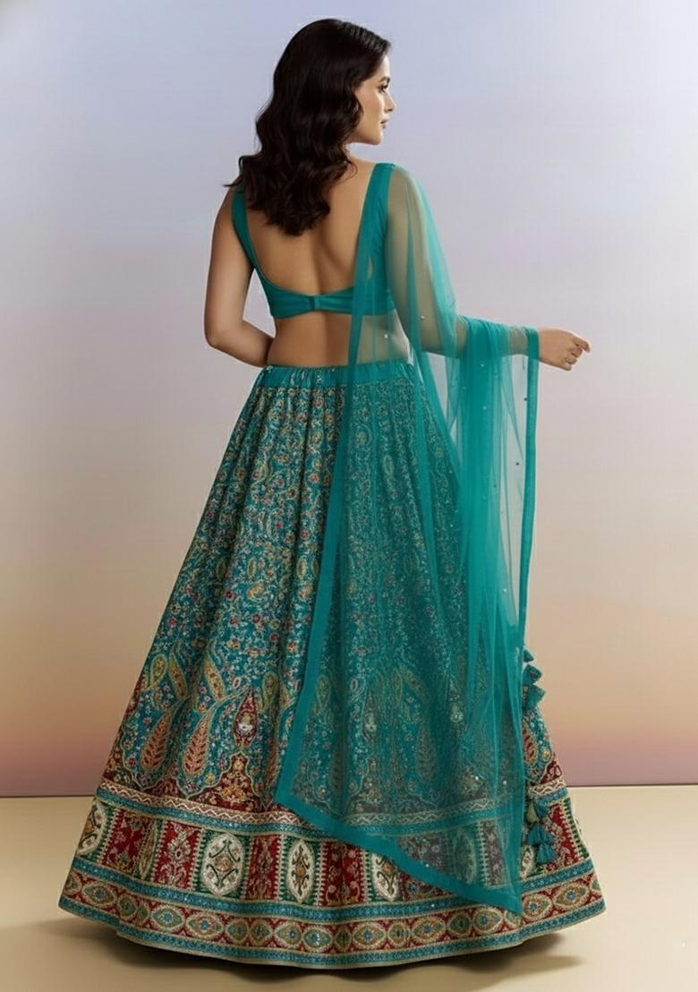 Blue Printed Crepe Lehenga Set - Indya