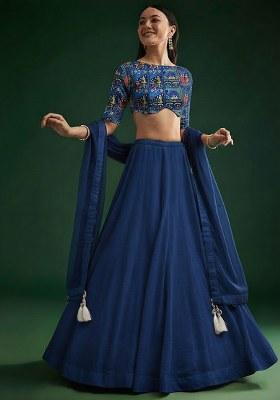 Navy Blue Chinon Lehenga Set With Printed Blouse 