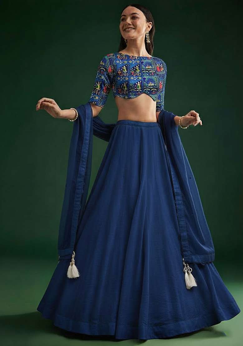 Navy Blue Chinon Lehenga Set With Printed Blouse  - Indya