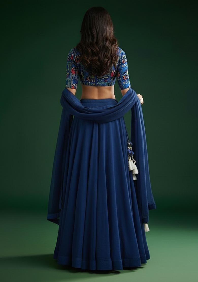 Navy Blue Chinon Lehenga Set With Printed Blouse  - Indya