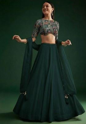 Green Chinon Lehenga Set With Printed Blouse