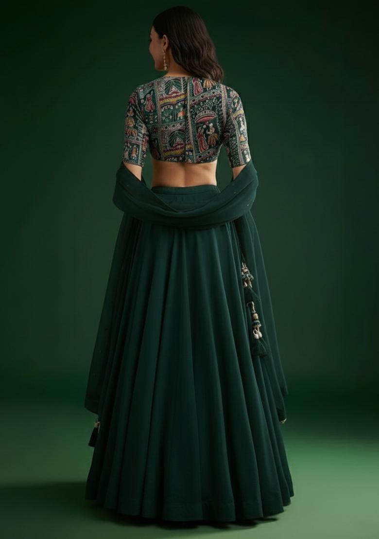 Green Chinon Lehenga Set With Printed Blouse - Indya