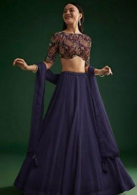 Navy Blue Crepe Lehenga Set With Printed Blouse