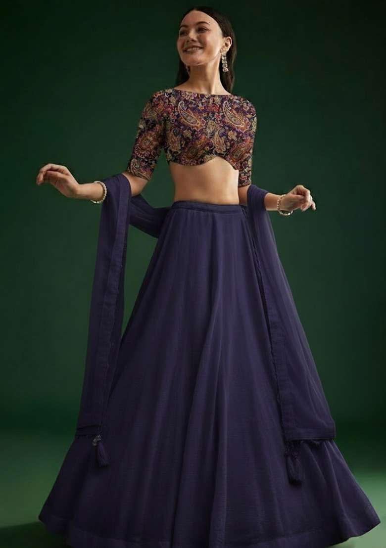 Navy Blue Crepe Lehenga Set With Printed Blouse - Indya