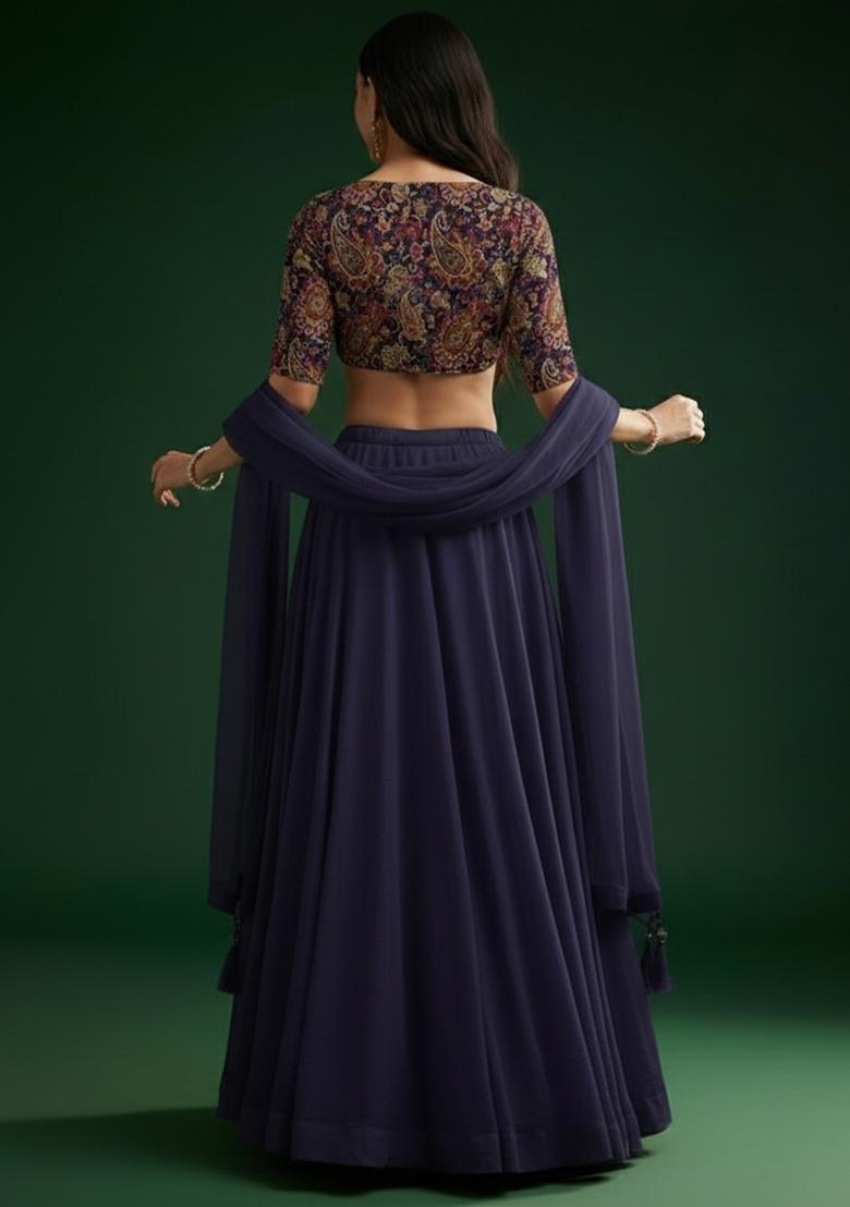 Navy Blue Crepe Lehenga Set With Printed Blouse - Indya