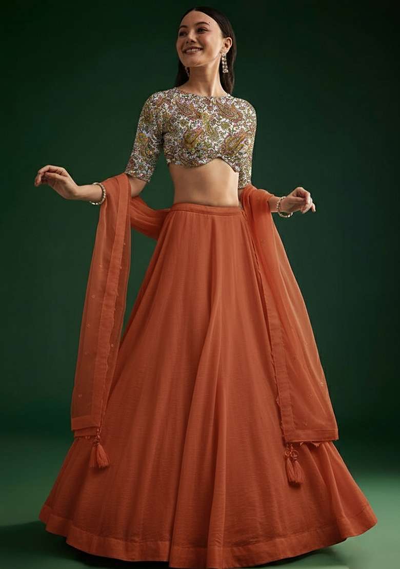 Burnt Orange Crepe Lehenga Set With Printed Blouse - Indya