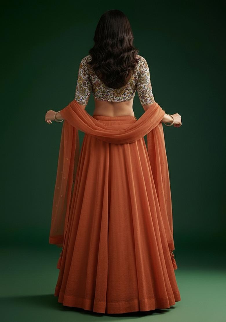 Burnt Orange Crepe Lehenga Set With Printed Blouse - Indya