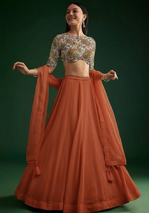 Burnt Orange Crepe Lehenga Set With Printed Blouse