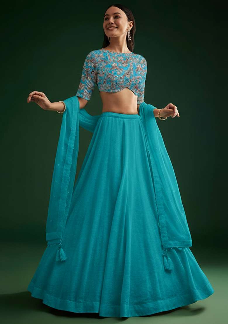Teal Crepe Lehenga Set With Printed Blouse - Indya