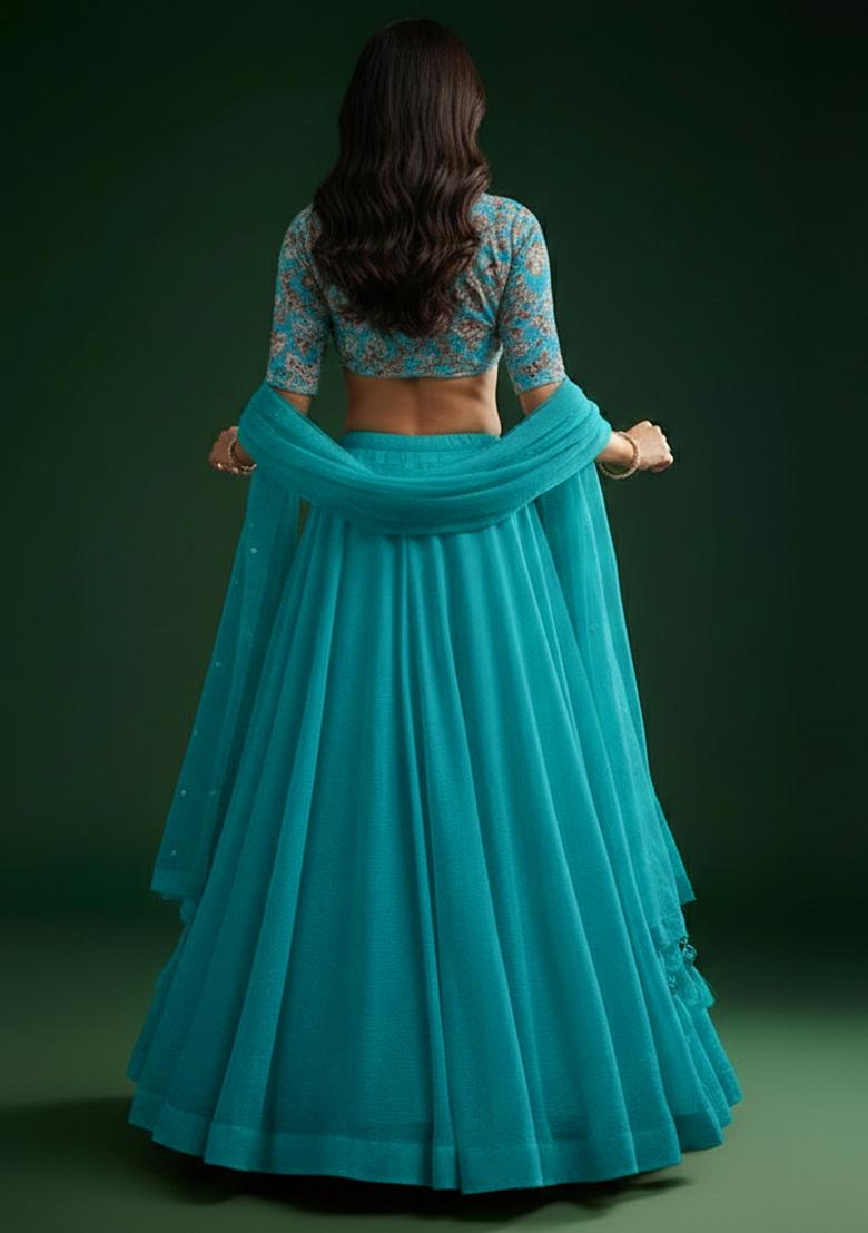 Teal Crepe Lehenga Set With Printed Blouse - Indya