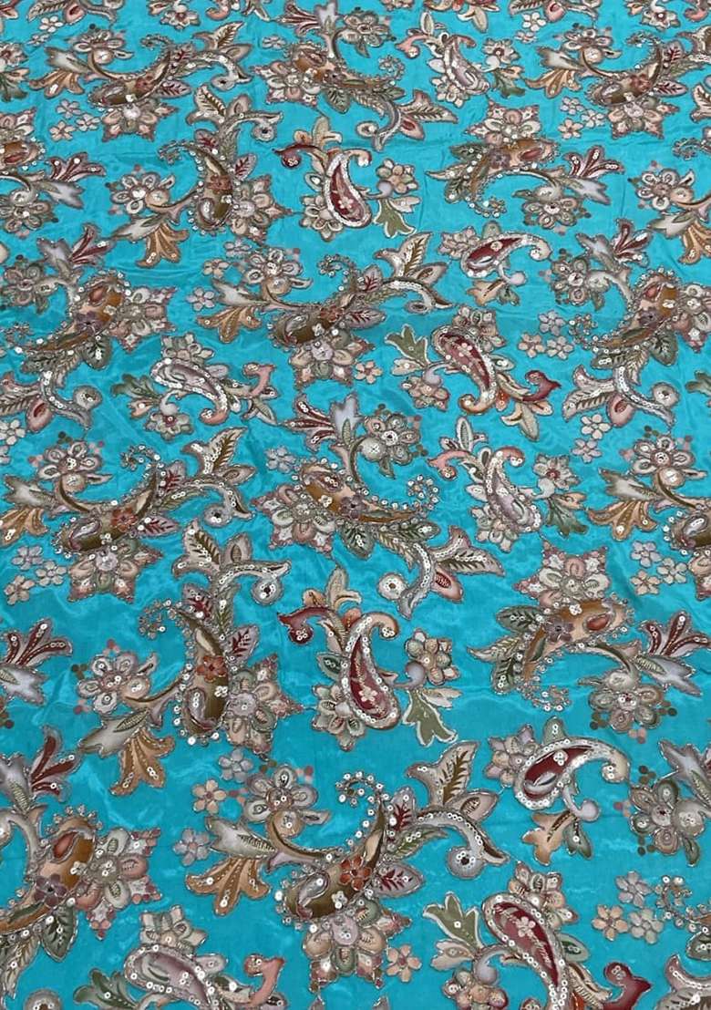 Teal Crepe Lehenga Set With Printed Blouse - Indya