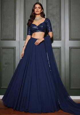 Navy Blue Printed Georgette Lehenga Set