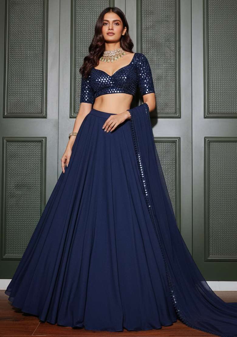 Navy Blue Printed Georgette Lehenga Set - Indya