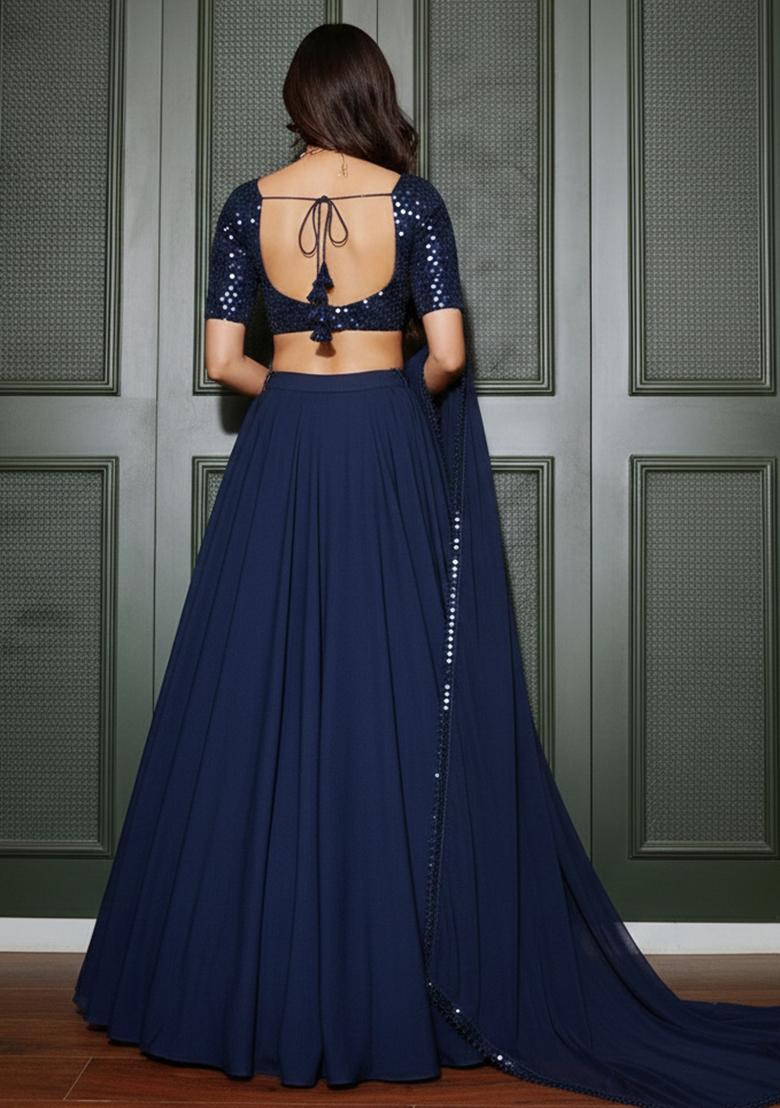 Navy Blue Printed Georgette Lehenga Set - Indya