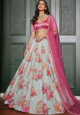 Rose Pink Satin Lehenga Set Mirror Work Blouse