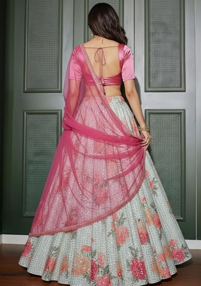 Rose Pink Satin Lehenga Set Mirror Work Blouse - Indya