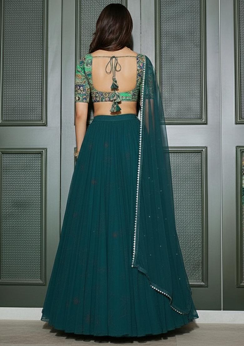 Teal  Crepe Lehenga Set With Printed Blouse  - Indya