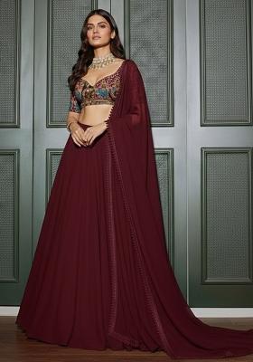 Burgundy Crepe Lehenga Set With Printed Blouse