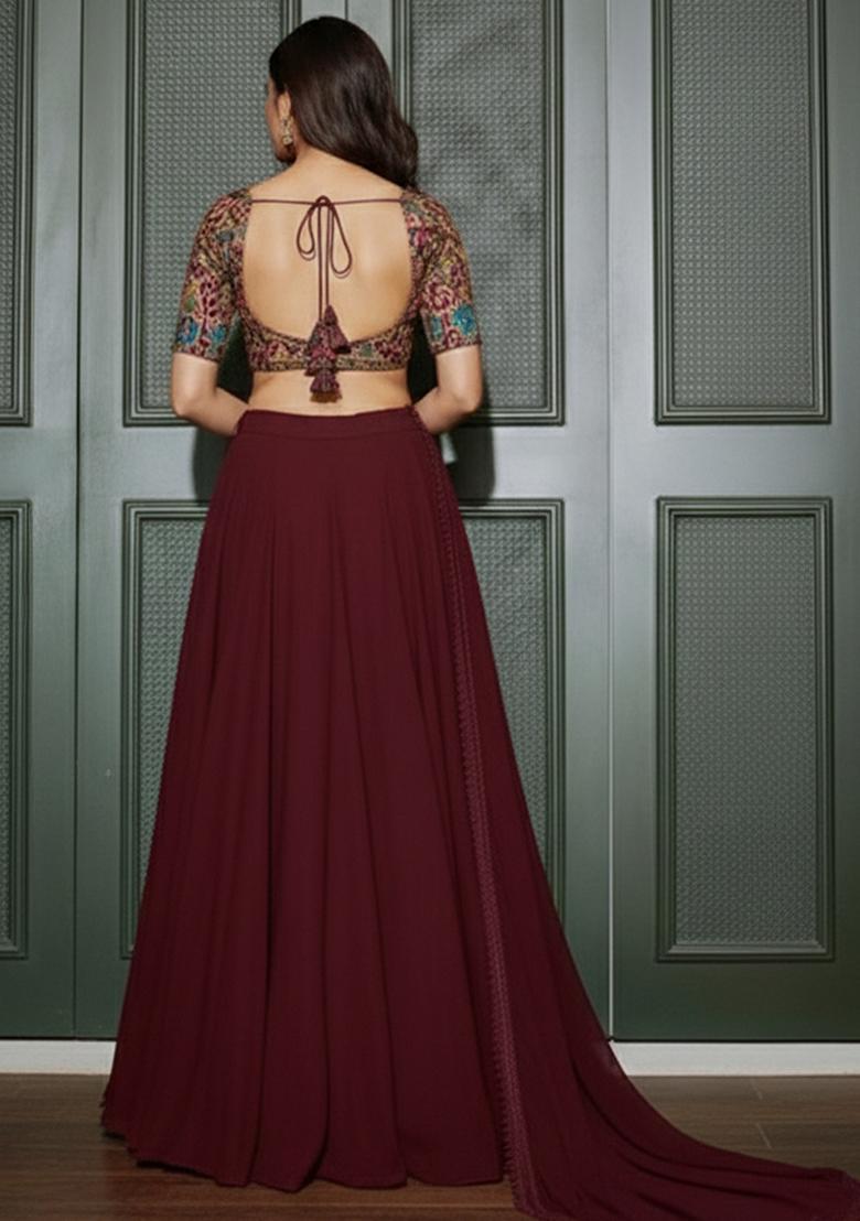 Burgundy Crepe Lehenga Set With Printed Blouse - Indya