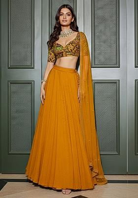 Mustard Yellow Crepe Lehenga Set With Printed Blouse