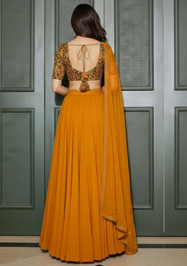 Mustard Yellow Crepe Lehenga Set With Printed Blouse - Indya