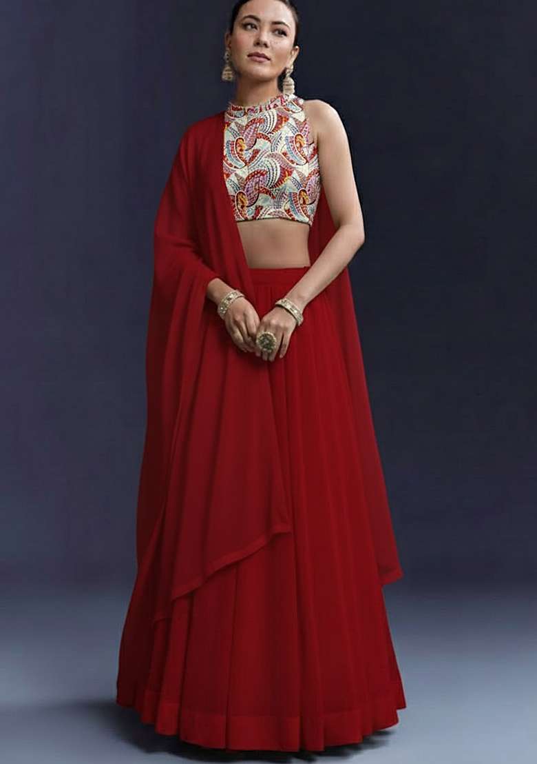Red Printed Crepe Lehenga Set for Diwali and Festive Wear - Indya