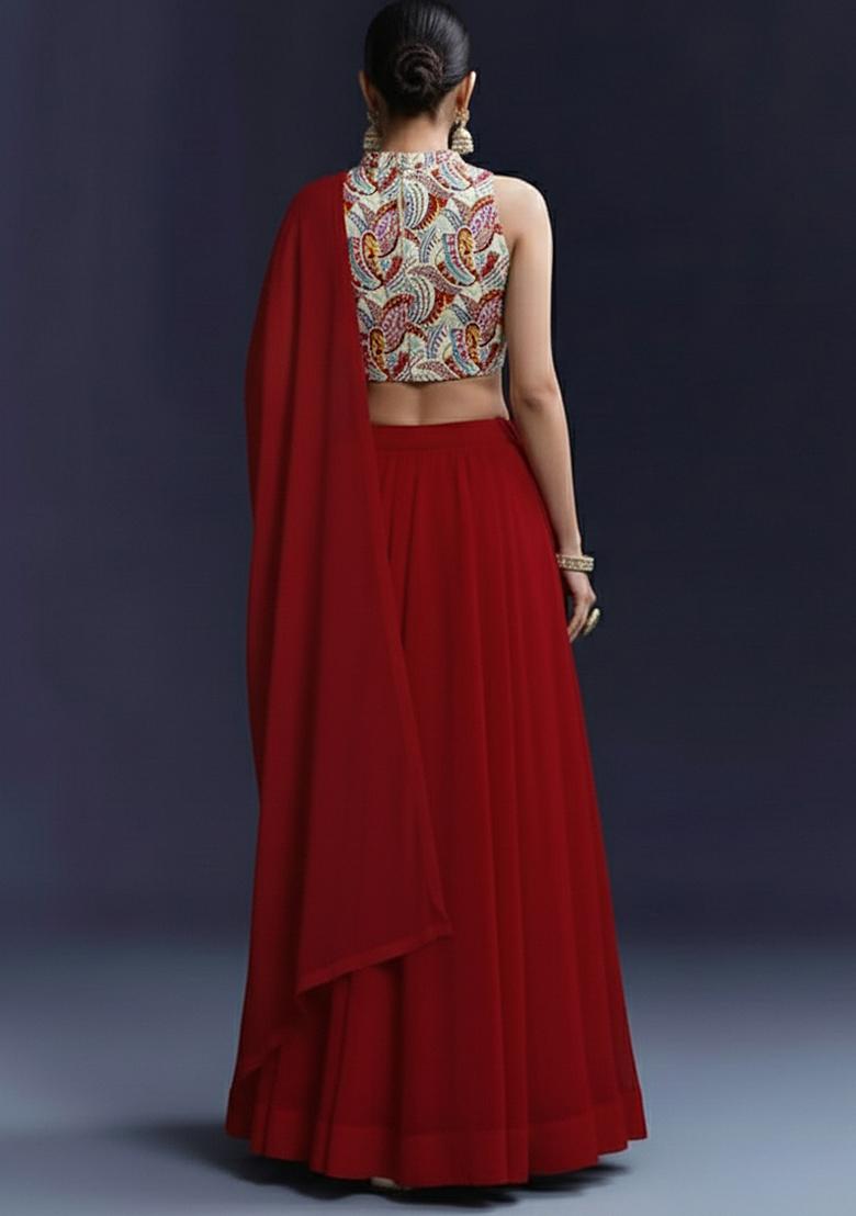 Red Printed Crepe Lehenga Set - Indya