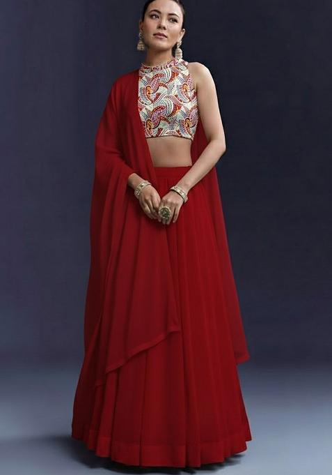 Red Printed Crepe Lehenga Set