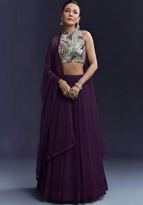Purple Crepe Lehenga Set With Printed Blouse
